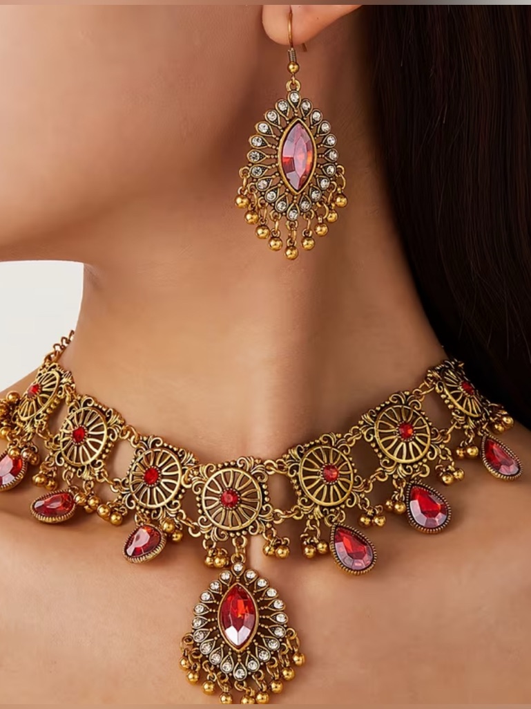 Gold-Tone Red Gem Elaborate Choker Necklace - Unbranded